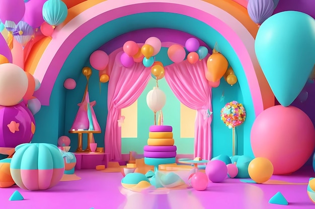 Ein Raum mit einem Kuchen und Luftballons darauf