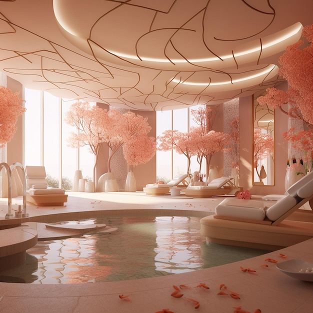 Ein Raum mit einem Pool und einem Baum mit rosa Blüten darauf