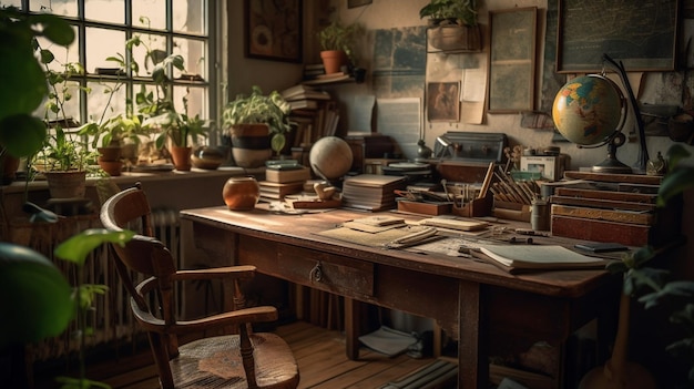 Ein Raum mit einem Schreibtisch und einem Fenster mit einer Pflanze darauf