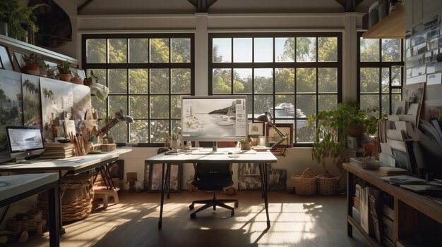 Ein Raum mit einem Schreibtisch und einem Monitor, auf dem „Home Office“ steht