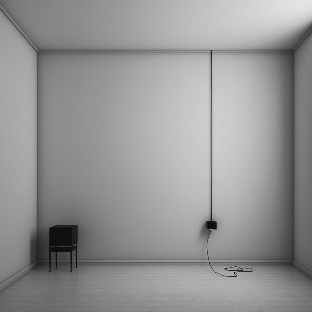 ein Raum mit einem schwarzen Seil, der in eine Wand gesteckt ist.