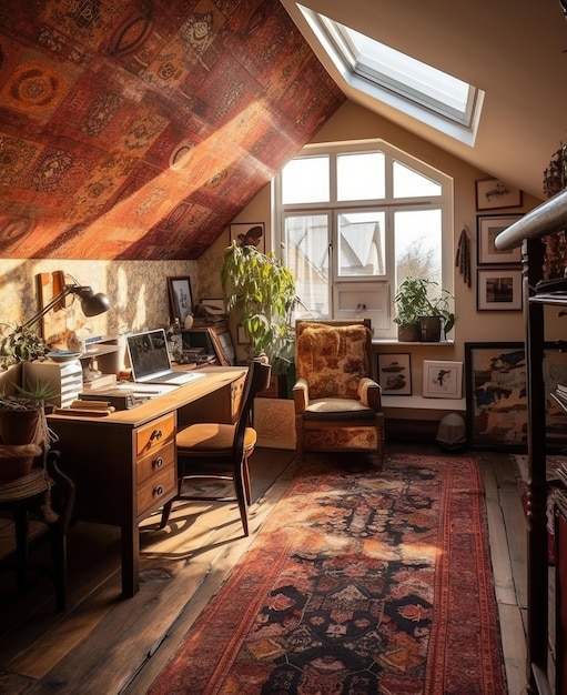 Ein Raum mit einem Teppich an der Decke und einem Schreibtisch mit einem Stuhl und einem Teppich darauf.