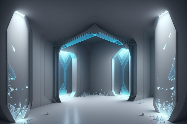 Ein Raum mit einer blauen rautenförmigen Tür und einem Licht an der Wand.