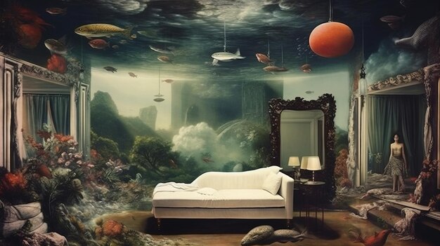 Ein Raum mit einer Couch und Fischen unter Wasser, generative KI-Kunst