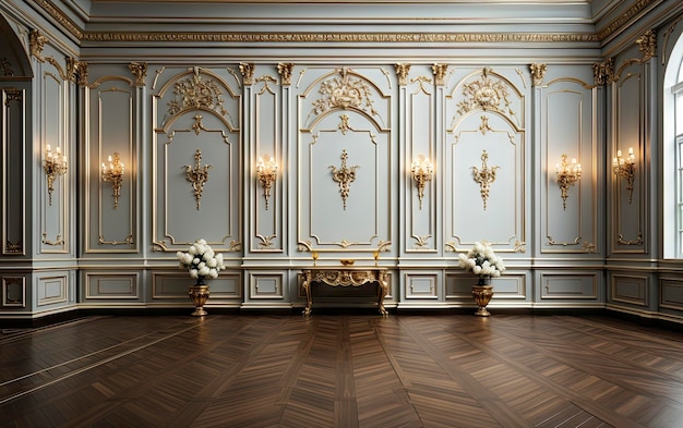 Ein Raum mit einer Wand, auf der eine goldene Dekoration steht