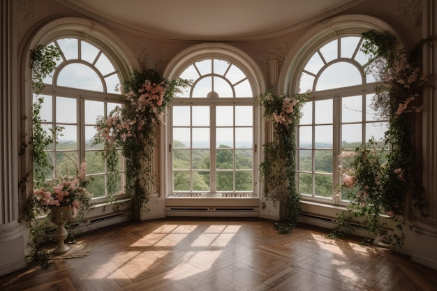 Ein Raum mit großen Fenstern und Blumen an den Wänden