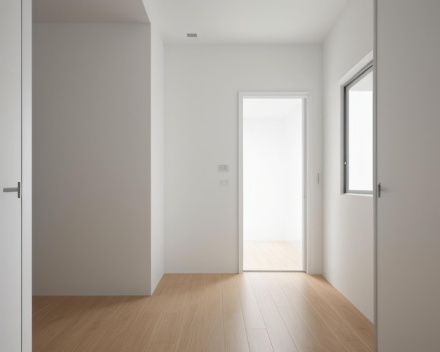 Ein Raum mit Holzboden und einer weißen Tür mit einem Fenster mit der Aufschrift „Kein Ausgang“.