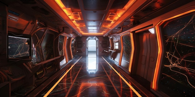 Ein Raum mit orangefarbenen Lichtern und einer Tür, auf der „Star Wars“ steht