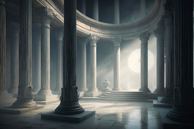 Ein Raum mit römischen Säulen, etwas neblig und elegant