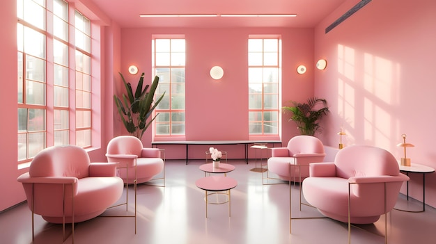 Ein Raum mit rosa Wänden und einem großen Fenster.
