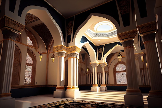 Ein Raum mit Säulen und einer Kuppel mit der Aufschrift „al – muscat“ darauf