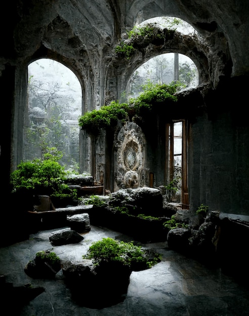 Ein Raum mit Steinboden und Pflanzen darauf