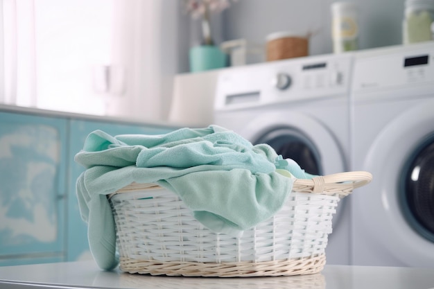 Ein Raum mit Waschmaschine und einem koordinierten Wäschekorb