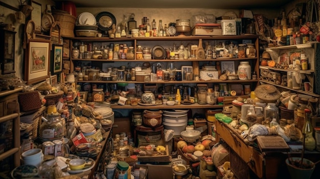 Ein Raum voller alter Küchenutensilien, darunter ein Glas mit Lebensmitteln.
