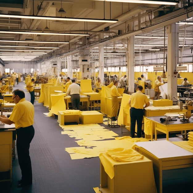 Ein Raum voller Menschen, die in einer Fabrik arbeiten, mit gelben Tüchern auf dem Boden.