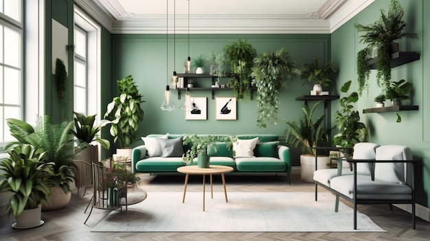 Ein Raum voller Pflanzen und weiße Möbel