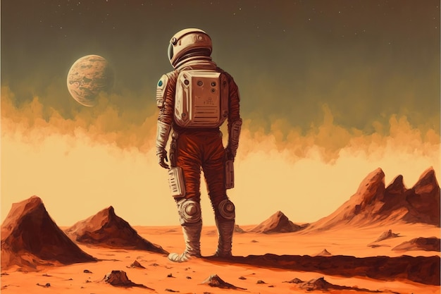 Ein Raumfahrer, der allein auf einem verlassenen Planeten steht, digitale Kunst, Illustration, Malerei, Fantasy-Konzept eines Kosmonauten auf einem anderen Planeten