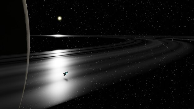 Ein Raumschiff fliegt über den Saturnring mit Sonne und Sternenfeld im Hintergrund 3D-Rendering