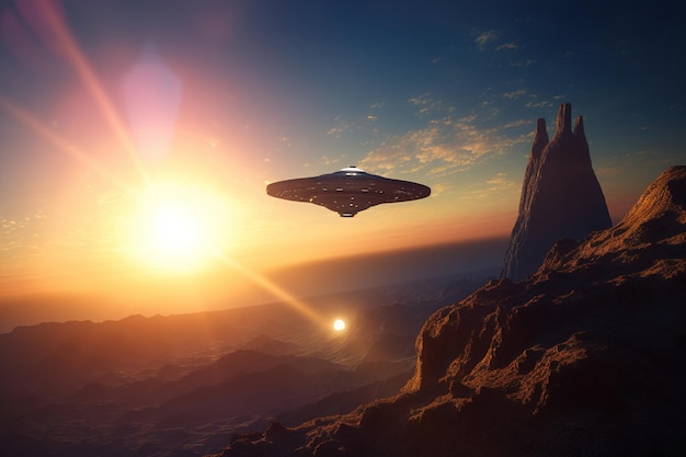 Ein Raumschiff fliegt über einen Berg mit der Sonne dahinter