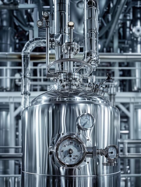 Foto ein reaktorbehälter aus edelstahl mit druckmessgeräten und ventilen