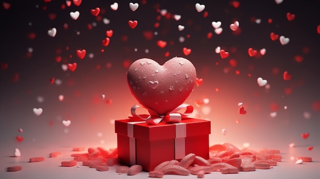 Ein realistischer, unscharfer Hintergrund mit Herzen einer Geschenkbox und Lichteffekten, die dem Empfänger gratulieren. Generative KI