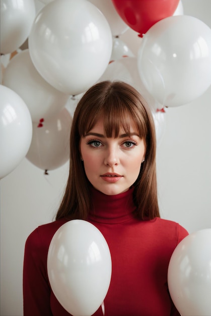 Ein realistisches Bild einer jungen Frau, die von weißen und roten Ballons umgeben ist