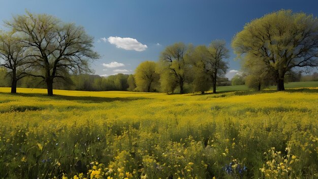 Foto ein realistisches foto eines feldes mit gelben blumen und kirschblüten mit einem blauen himmel