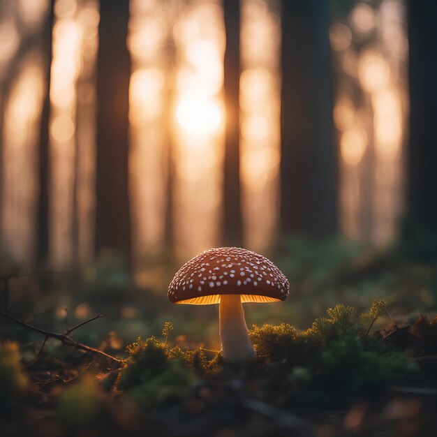 Ein realistisches Foto eines leuchtenden Pilzes in einem nebligen Wald in der Dämmerung