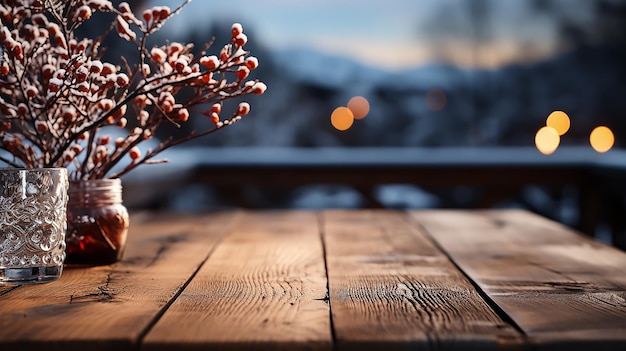 Foto ein realistisches foto leer dunkler holztisch und winterblumen darauf abstrakter winter-hintergrund