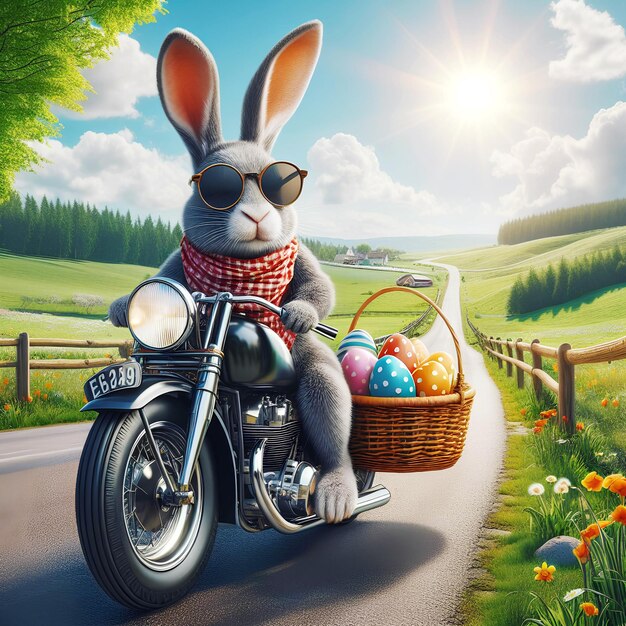 Ein realistisches Kaninchen mit grauem Fell und großen Ohren auf einem Motorrad Cool Osterhase mit Sonnenbrille