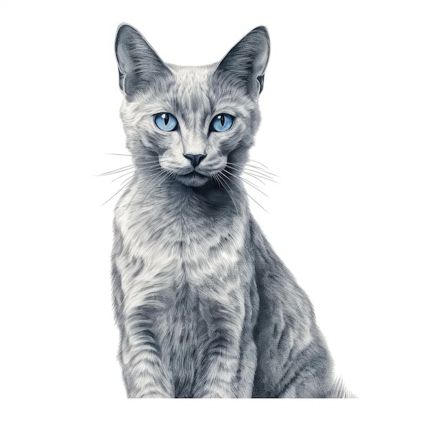 Ein realistisches Porträt einer grauen Katze mit blauen Augen