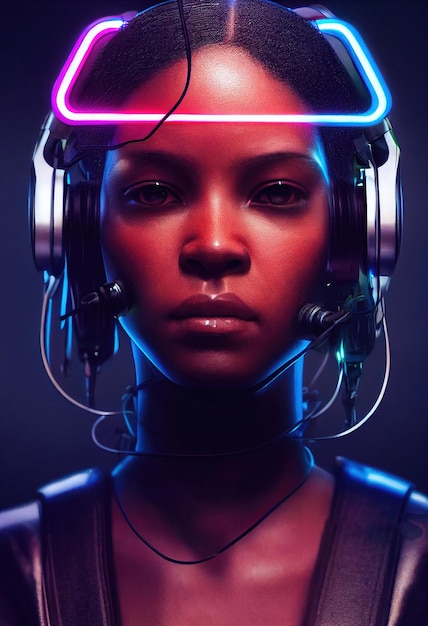 Ein realistisches Porträt eines Mädchens aus Ebenholz, das ein Cyberpunk-Headset und Cyberpunk-Ausrüstung trägt.