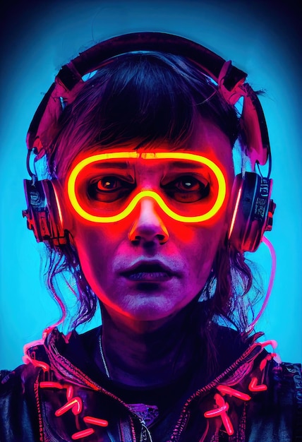 Ein realistisches Porträt eines Mädchens aus Ebenholz, das ein Cyberpunk-Headset und Cyberpunk-Ausrüstung trägt.