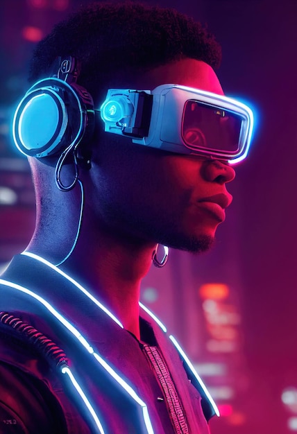 Ein realistisches Porträt eines Mannes aus Ebenholz im Neonlicht, der ein Cyberpunk-Headset und Cyberpunk-Ausrüstung trägt.