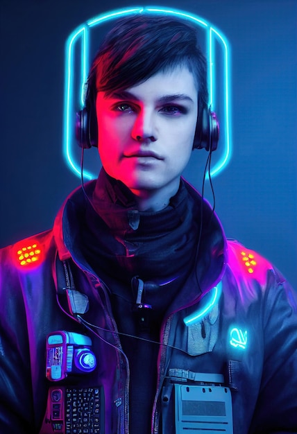 Ein realistisches Porträt eines Mannes im Neonlicht, der ein Cyberpunk-Headset und Cyberpunk-Ausrüstung trägt