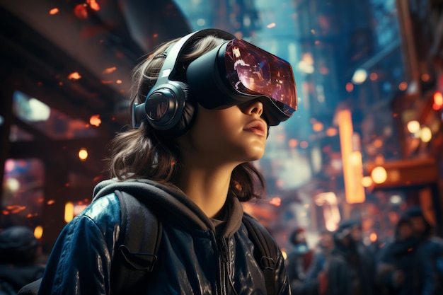 Ein realistisches Porträt eines Mannes in Neonlicht mit Cyberpunk-Headset und Cyberpunk-Ausrüstung