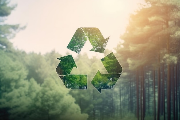 Ein Recycling-Schild mit Blick auf Wald und Grün im Hintergrund