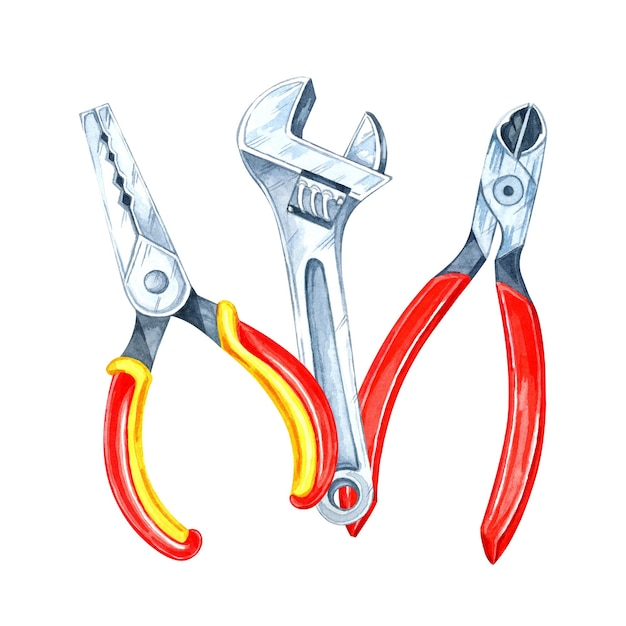 Ein redhandled Cutter und ein Paar Zangen mit einem Metallschlüssel Handgemalte Aquarell Clipart