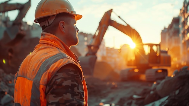 Ein reflektierender Arbeiter auf der Baustelle bei Sonnenuntergang