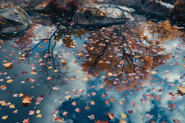 Ein reflektierender Teich spiegelt das Herbstblatt wider