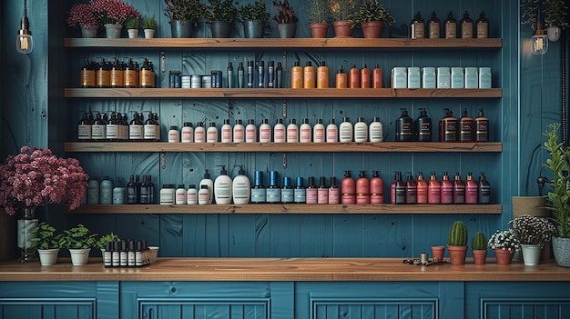 ein Regal mit Produkten, ein blaues Regal mit einem blauen Regal mit einer Flasche Haartrockner