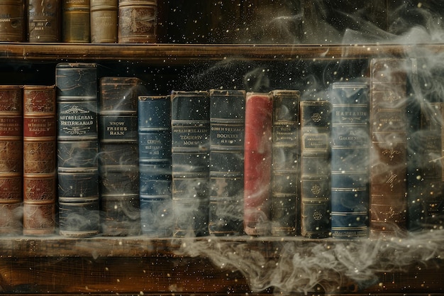 Ein Regal voller alter Bücher, aus denen Rauch ausgeht