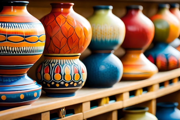 ein Regal voller farbenfroher Vasen mit dem Wort "willkommen" auf der Unterseite.