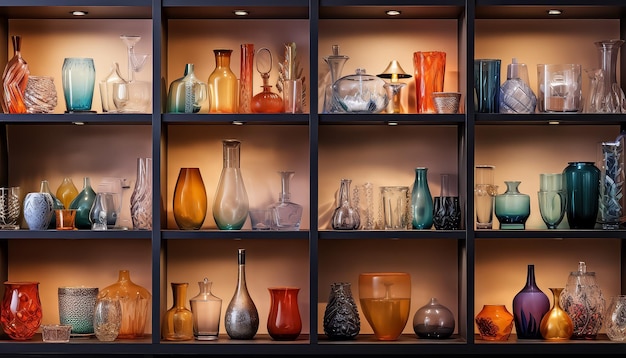 Ein Regal voller Glasvasen und Gläser, von denen einige beleuchtet sind