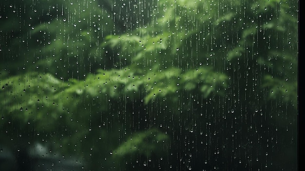 Ein regenbedecktes Fenster mit grünen Bäumen im Hintergrund