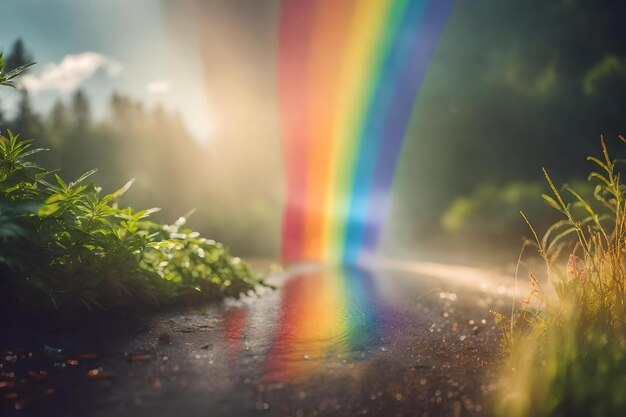 Ein Regenbogen auf der Straße mit grünem Gras und einem Regenbogen im Hintergrund