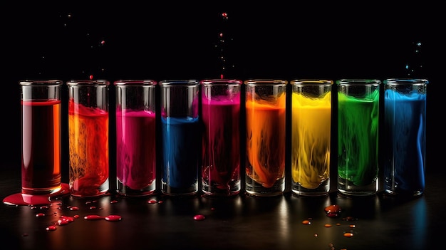 Ein Regenbogen aus Farben wird in ein Glas gegossen.