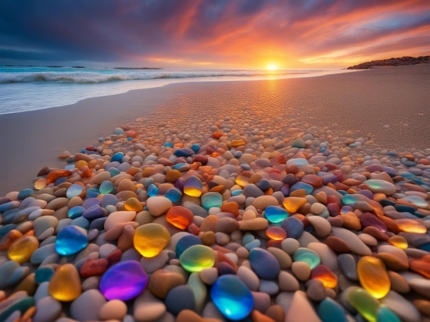 Foto ein regenbogen aus felsen am strand bei sonnenuntergang, der einen strand beim sonnenuntergänge zeigt