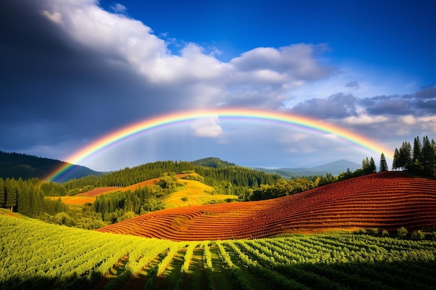 Ein Regenbogen bildet sich über einem Patchwork von Ackerland