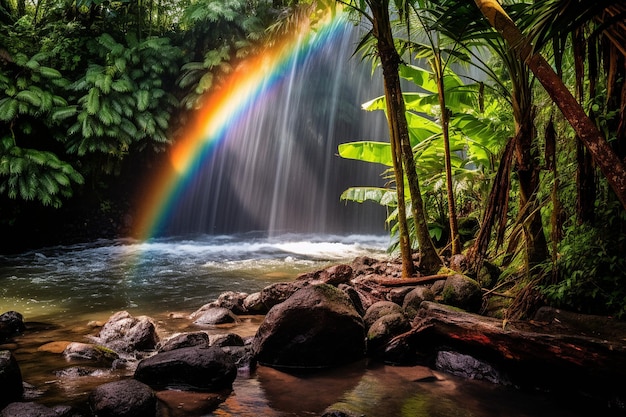 Ein Regenbogen bildet sich über einem Wasserfall in einem tropischen Regenwald